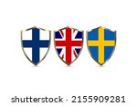 UK, Sweden, Finland unity shield concept poster 3D illustration, three countries flag on 3 shields, Security concept of the UK, and Sweden and Finland on isolated white background.