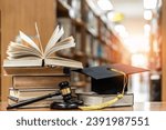 Small photo of Law education, legal educational study, school for lawyer, legistration, litigation, judicial knowledge learning concept with court judge gavel and textbook with mortarboard on books in library