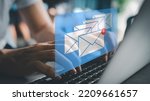 Small photo of email marketing concept, company sending many e-mails or digital newsletter to customers. Mail Communication Connection message to mailing contacts phone Global Letters Concept