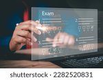 Small photo of online exam concept, choose correct answer in test. checklist and online testing on laptop. online exam test with laptop. on-line questionnaire results on desktop. quiz.