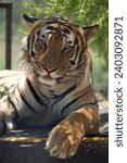 Small photo of Beautiful Bengal Tiger lazing around looking alert with beautiful abstract patterns on its pelt