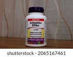 Small photo of Richmond, BC, Canada- 10 27 2021: A plastic bottle of Acidophilus Bifidus probiotic capsules made by Webber Naturals.