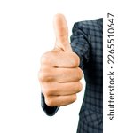 Small photo of Thumbs up isolated on white, thumbs up gesture. Assent, approval, encouragement.