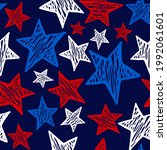 American flag colors star scatter pretty holiday seamless pattern vector background. Red blue white USA stars scribble doodle style illustration. Abstract USA Independence Day decoration elements.