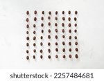 coffee beans arranged symmetrically on a white background, rows and pattern