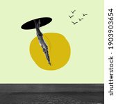 Small photo of Going on throught universe. Swimmer jumping to sea from sky portal. Copyspace. Modern design. Contemporary art. Creative conceptual and colorful collage surrealism style. Yellow grey background