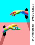 Small photo of Youth looks like. Bright colored hands catching each other from portals in trendy blue and coral. Copy space for ad, text. Modern design. Conceptual, contemporary bright artcollage. Party time, fun