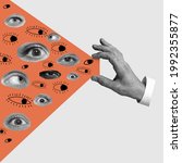 Small photo of Male hand with eyes - search concept. Contemporary art collage, modern design. Aesthetic of hands. Trendy colors. Copyspace for your ad or text. Surreal conceptual poster.