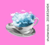 Small photo of Miracle, surreal. Tea cup full of clouds, sunny and blue. Beautiful feeling of weather. Copy space for ad, text. Modern design. Conceptual, contemporary bright artcollage. Summertime, fun mood.