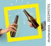 Small photo of Cheers. Contemporary art composition with two male hands holding beer bottles with lager, cold beer. Concept of festival, national traditions, taste, drinks. Mix photo and illustraion