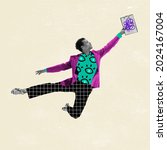 Small photo of Man, ballet dancer jumping on pastel background. Modern design, contemporary art collage. Inspiration, idea, trendy urban magazine style. Negative space to insert your text or ad. Minimalism.