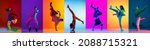 Small photo of Freestyle. Collage made with images of break dance or hip hop dancer in action, motion isolated over multicolored background in neon. Youth culture, movement, music, fashion, action.