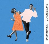 Small photo of Cheerful couple of dancers dressed in 70s, 80s fashion style dancing rock-and-roll on blue background with drawings. Contemporary art collage. Minimalism. Art, beauty, fashion, music. Magazine style