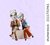 Small photo of Shock news. Stylish surprised couple headed with ancient statue heads reading magazine on light background. Contemporary art collage. Inspiration, idea, trendy magazine style. Surrealism.