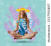 Small photo of Relax, yoga. Beautiful romantic girl on drawn colorful floral background. Contemporary collage. Contemporary artwork. Magazine cover design. Beauty, style, pop art, fashionable. Trendy colors.