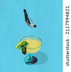 Small photo of Friday funny vibe. Young man jumping in alcohol cocktail glass isolated on blue background. Conceptual, contemporary bright art collage. Surrealism. Concept of fashion, style, vacation, drinks, taste