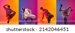 Small photo of Street style dance battle. Composite image with men dancing breakdance isolated on gradient orange and purple background. Youth culture, hip-hop, movement, style and fashion, action.