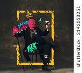 Small photo of Contemporary artwork. Aristocrat man in pink balaclava sitting on chair and rising class of beer isolated over dark vintage background. Concept of combination of eras, modernity and past. Street style