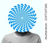 Small photo of Contemporary art collage. Man with optical illusion design circle instead head isolated over light mint background. Concept of psychology, artwork, emotions, human rexpression of feelings