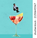 Small photo of Contemporary art collage. Happy cheerful man jumping into refreshing tasty cocktail with fruity taste isolated over blue background. Concept of alcohol, addiction, party, taste. Pop art style, ad