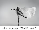 Small photo of Lightness movements. Black and white portrait of graceful ballerina dancing with fabric, cloth isolated on grey studio background. Grace, art, beauty, contemp dance concept. Weightless, flexible