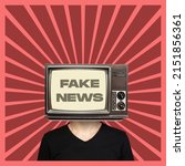 Small photo of Contemporary art collage. Man with retro TV set instead head showing fake news isolated over red background. Vintage style. Fake information on media. Concept of creativity, rumors, imagination, ad