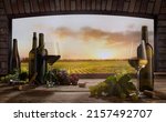 Small photo of Red or white. Still life with wine glasses, bottles, grapes on table in wine cellar. Panoramic window view of vineyards at sunset. Tasting, festivals, sophisticated lifestyle and winemaking concept