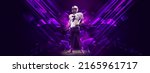 Small photo of Champion. Bright poster with american football player standing isolated on dark background with purple polygonal and fluid neon elements. Concept of art, creativity, sport, energy and power