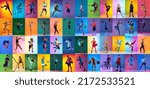 Small photo of Soccer football, cycling, tennis athletics. Group of professional sportsmen and kids with sport equipment isolated on multicolored background in neon light. Flyer. Advertising, sport life concept
