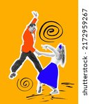 Small photo of Jive. Energetic excited dancing couple in bright retro 70s, 80s style outfits dancing over colored background with drawings. Concept of art, music, fashion, party, creativity. Contemporary art collage
