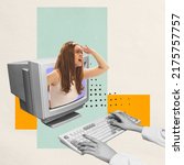 Small photo of Contemporary art collage. Stylish young girl sticking out computer monitor. Searching new job vacancy. Concept of creativity, business, employment, motivation. Copy space for ad. Retro design