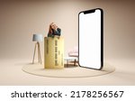 Small photo of New opportunities, modern lifestyle. Young smiling girl, standing near to 3d model of cellphone with blank white screen iand dreaming isolated on grey background. Online shopping, choice, ad, sales