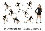 Small photo of Destruction of gender stereotypes. Collage made of shots of female soccer player with ball in motion, action isolated on white background. Attack, defense, fight, kick. Woman in black football kit