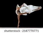 Small photo of Beauty. Graceful classic ballerina dancing with weightless cloth isolated on black studio background. Theater, art, grace, action and motion, ad concept. Artist of ballet in solo performance