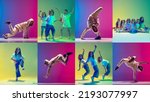 Small photo of Dance battle. Group of children in sportive style clothes and man dancing hip-hop and breakdance over colorful background in neon. Concept of music, fashion, art