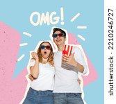 Small photo of Amazing offer. OMG. Shocked interracial couple with popcorn, amazed man and woman wearing 3d glasses watching movie, standing in cinema. Contemporary art pop collage or design in magazine style