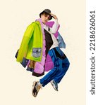 Small photo of Dude after shopping. Young stylish man wearing different clothes dancing isolated on white background. Shopping addiction, black Friday, great sales concept. Contemporary art portrait