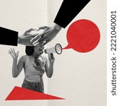 Small photo of Creative design. Conceptual image. Young woman shouting in megaphone with eyes closed. Blindly following . Concept of politics, social issues, human rights, propaganda, voting system