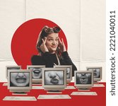 Small photo of Creative design. Conceptual artwork. Young woman holding head in information overflow. Retro computer screen with human mouth. Concept of creativity, mass media influence, information, fake news.