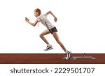 Small photo of Basic running technique. Young athlete, beginner female track runner bursting off starting block isolated on white background. Concept of sport, workout, skills and achievements. Little girl training