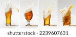 Small photo of Collage. Mugs with fresh, cool foamy beer over grey background. Splashes and drops. Concept of alcohol, oktoberfest, drinks, holidays and festivals. Copy space for ad.