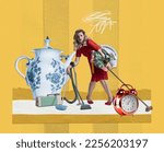 Contemporary art collage. Creative design. Young stylish woman doing domestic chores, washing, cooking, cleaning over yellow background. Concept of retro style, domestic duties, old-fashion, lifestyle