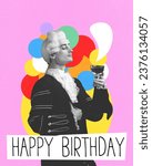 Small photo of Handsome man, medieval person, aristocrat raising glass with red wine, celebrating birthday. Creative design. Concept of holidays, party, creativity, pop art, inspiration. Poster, invitation card