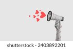Small photo of It is love time. Female hand with megaphone and heart symbols. Contemporary art collage. Concept of Valentine's Day, holiday, love, 14th of February. Template for ads, postcard, invitation, poster
