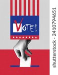 Small photo of Human hand voting, outing ballot into ballot box. American voting system. Contemporary art collage. Concept of election day, politics, choice, freedom, democracy, human rights. Poster