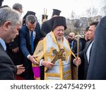 Small photo of Ecumenical Patriarch of the Istanbul Orthodox Patriarchate and Archbishop of Istanbul Bartholomew I hold a wooden cross during the Epiphany celebrations. turkey istanbul fatih 6 january 2023