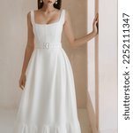 Small photo of Front view of beautiful bride in the white long wedding dress. Classic sleeveless wedding dress with deep neckline and belt.