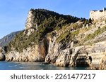 Small photo of Scenic view of the Gulf of the Poets with the famous Byron's Cave, named after Lord Byron (1788–1824), an English poet and diplomat who took refuge in this cave to meditate, Porto Venere, Italy