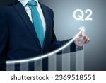 Small photo of Businessman in suit drawing business growth data chart with diagram, report on company investment progress, quarterly report, Q2 second quarter