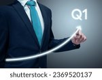 Small photo of Businessman in suit drawing business growth data chart with diagram, report on company investment progress, quarterly report, Q1 first quarter